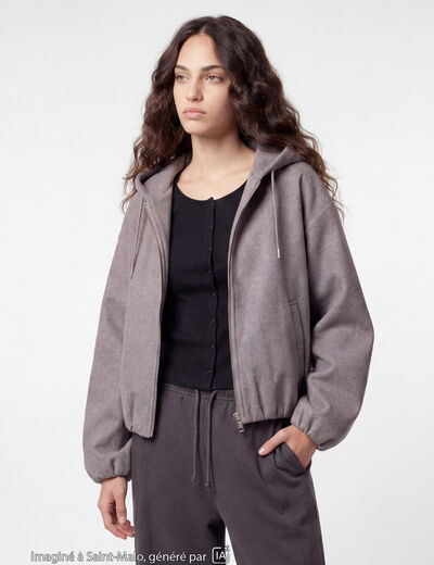 Blouson cropped effet boule &agrave; capuche gris fonc&eacute;