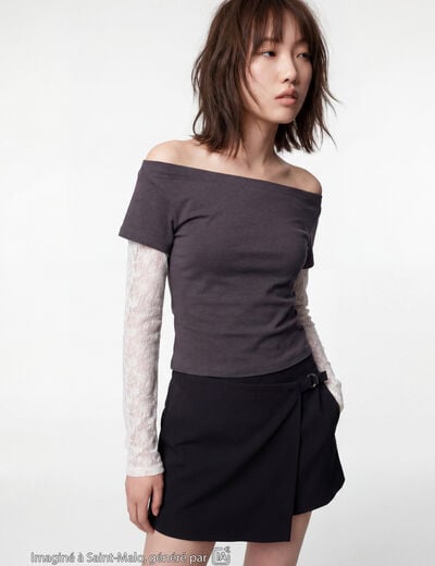 Haut double col bateau manches longues gris