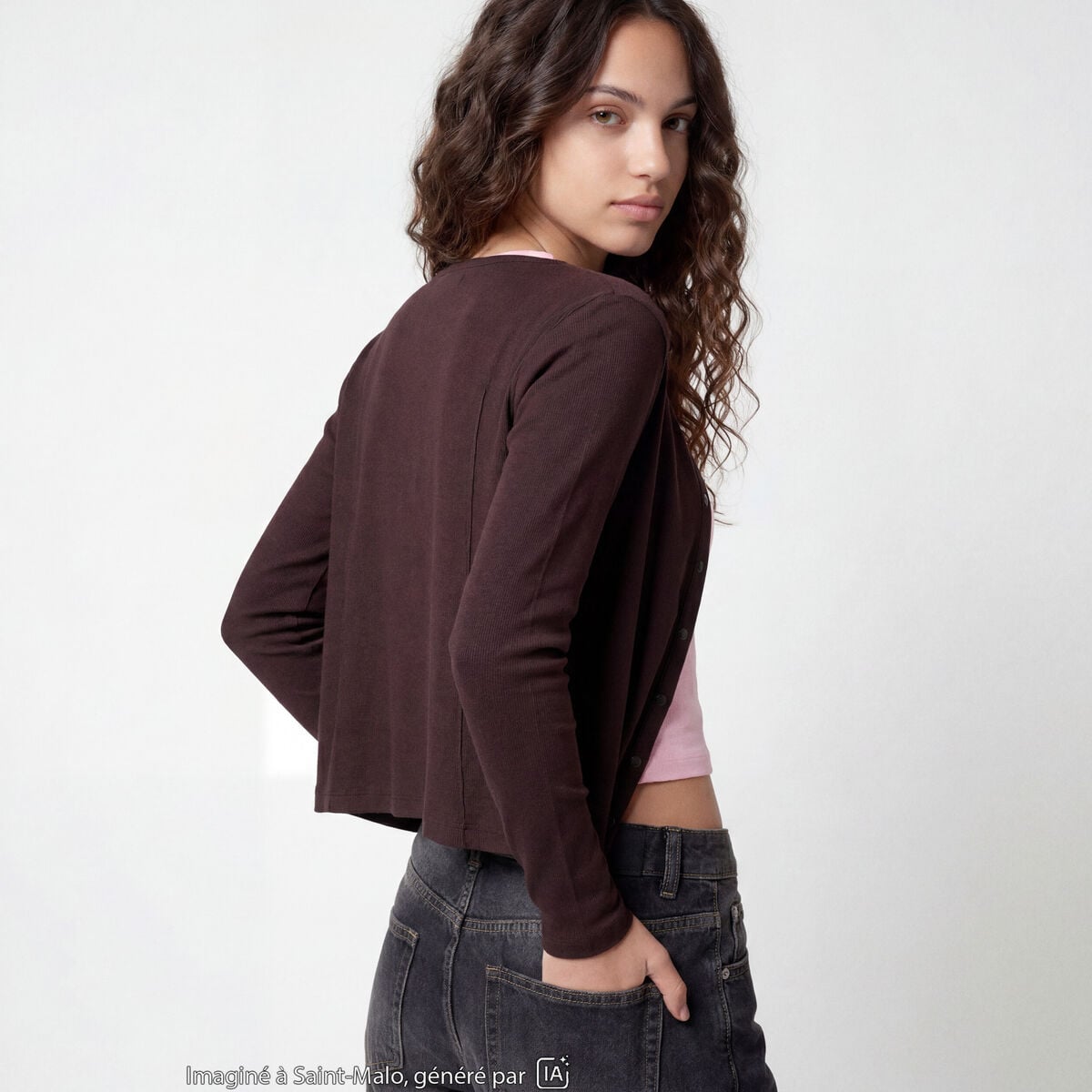 Gilet ajust&eacute; col rond manches longues marron fonc&eacute;