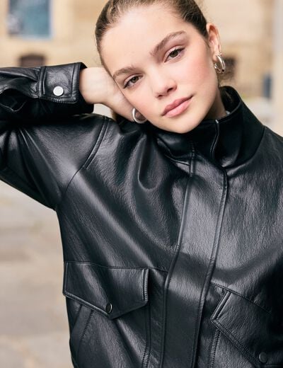 Veste oversize similicuir col biker noir