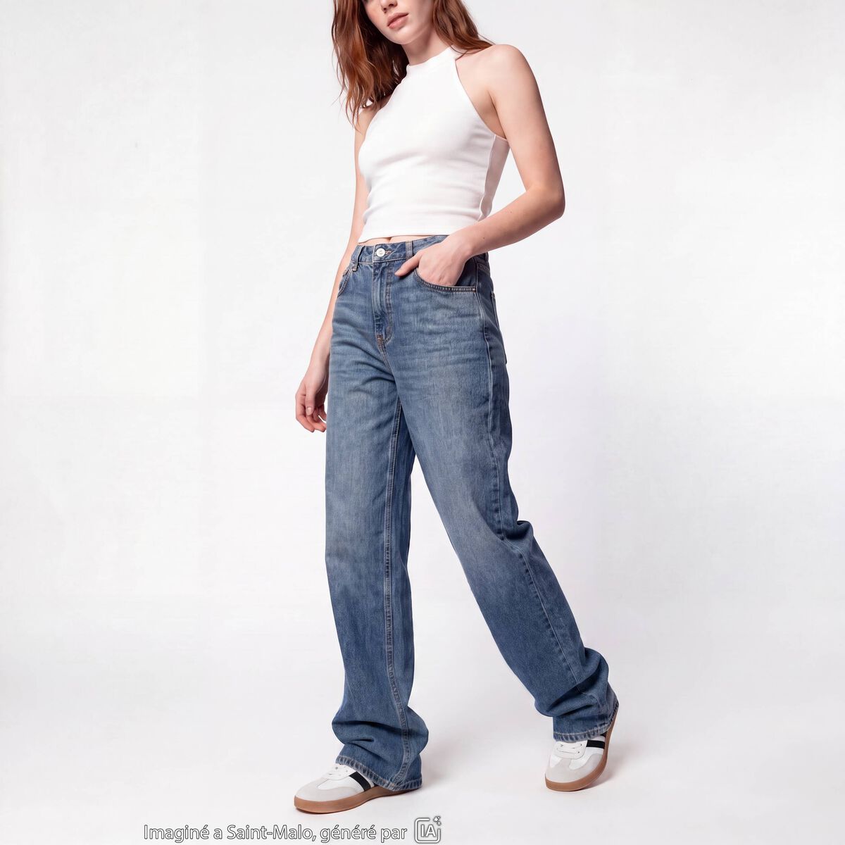 Jean regular taille haute denim double stone ado