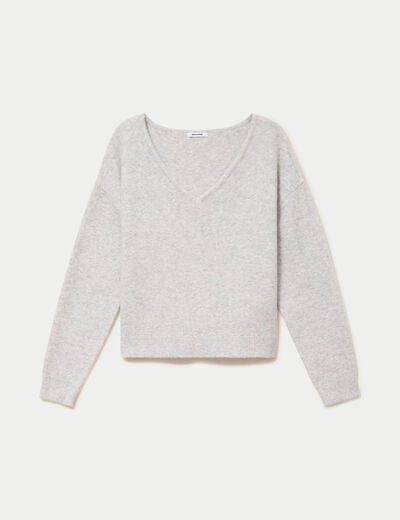 Pull col v manches longues gris clair