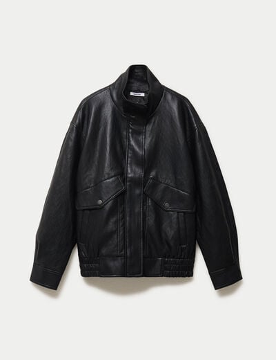 Veste oversize similicuir col biker noir