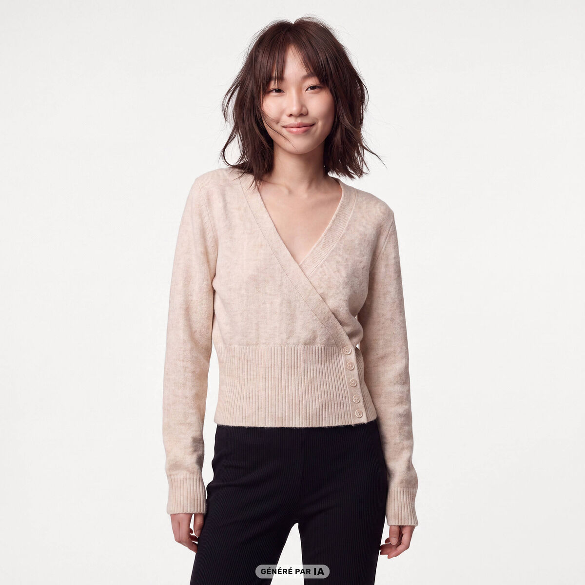 Pull col v manches longues beige