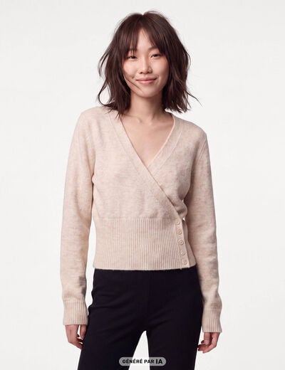 Pull col v manches longues beige