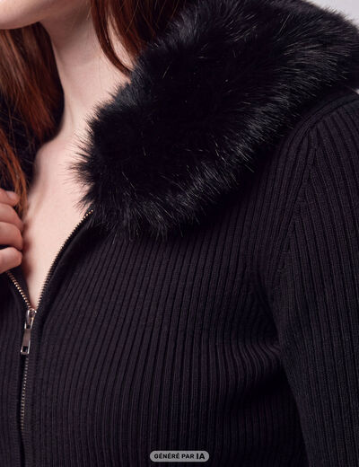 Gilet cintr&eacute; fausse fourrure &agrave; capuche noir