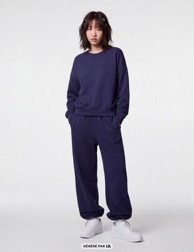 Jogging large &agrave; strass bleu marine