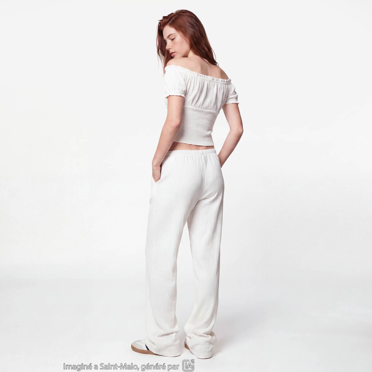 Pantalon large taille standard ecru ado