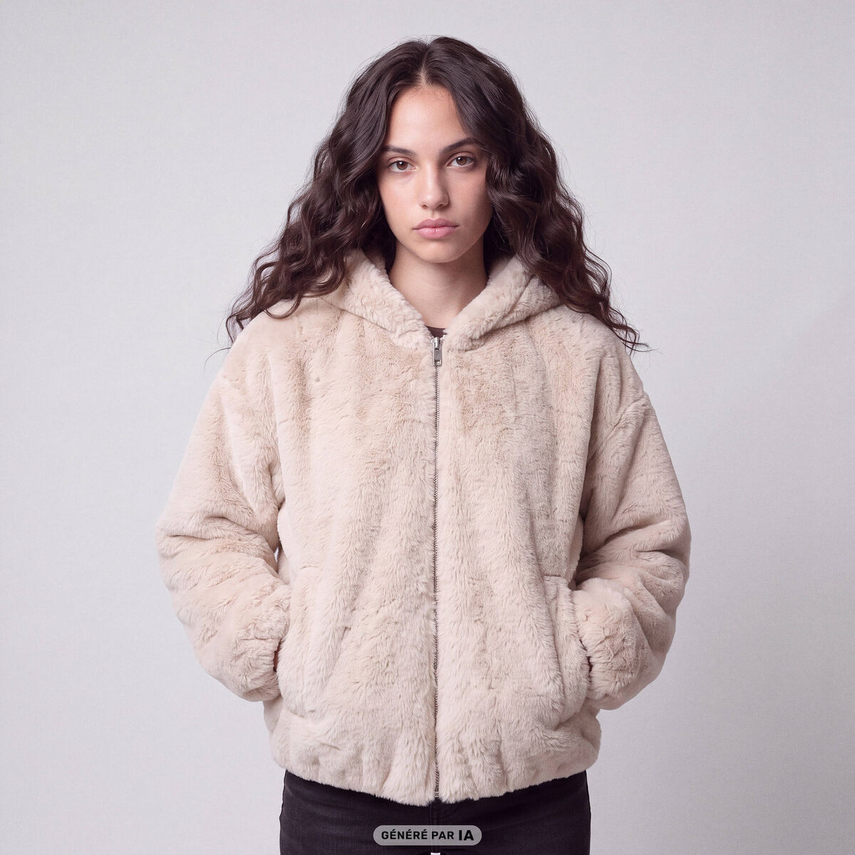 Blouson capuche fausse fourrure ecru