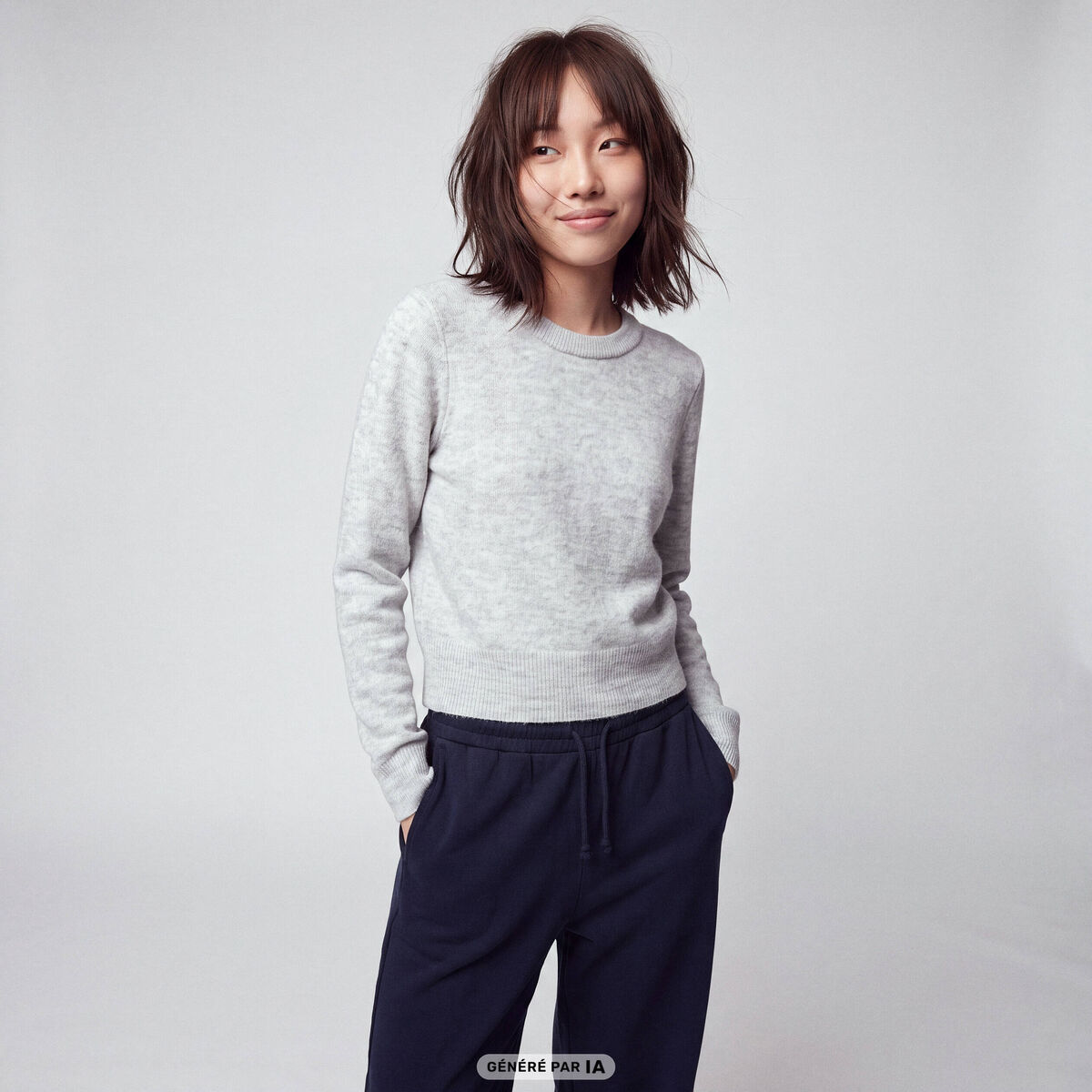 Pull col rond manches longues gris clair