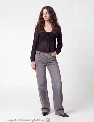 Chemise cintr&eacute;e dentelle col rond noir ado