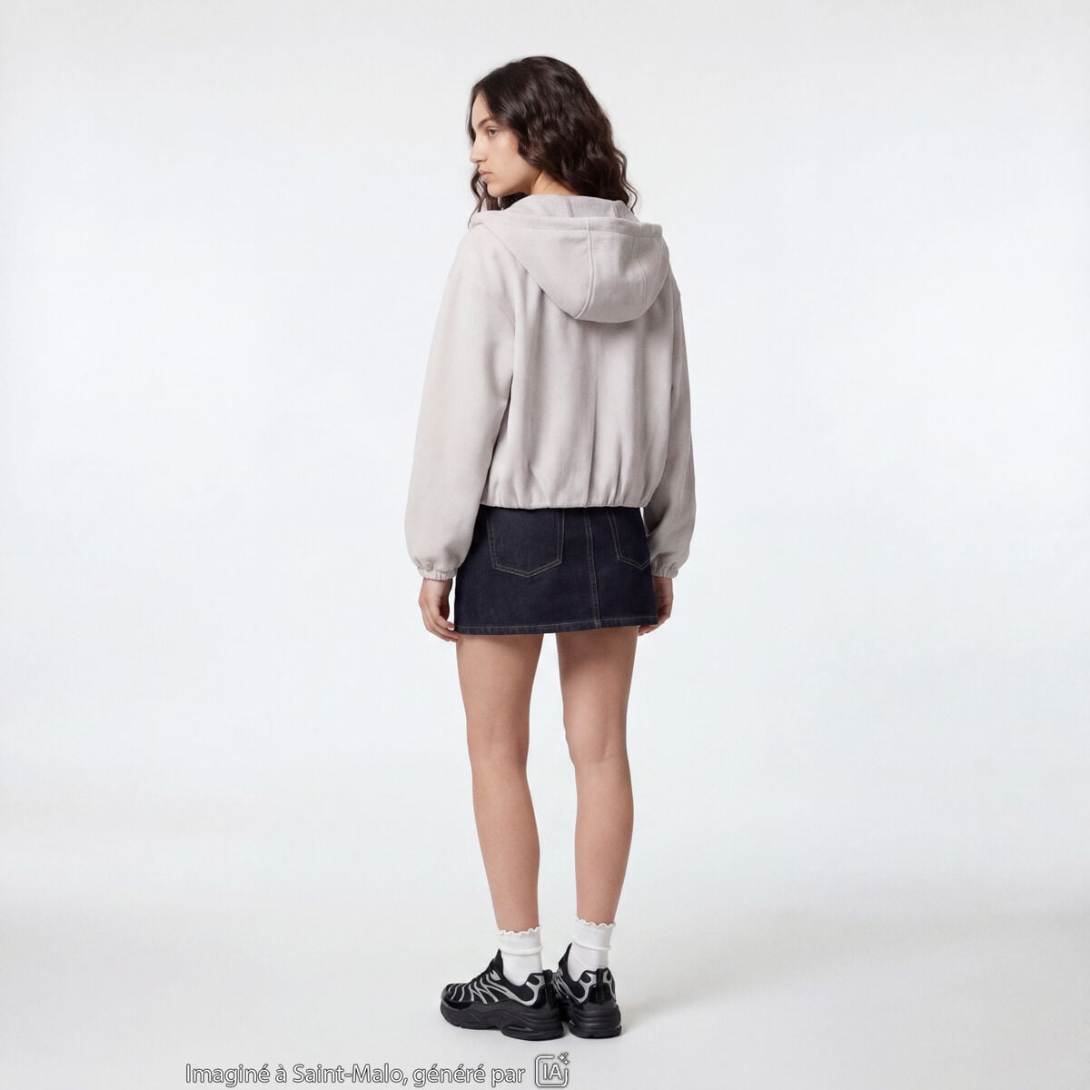 Blouson cropped effet boule &agrave; capuche beige
