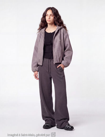 Blouson cropped effet boule &agrave; capuche gris fonc&eacute;