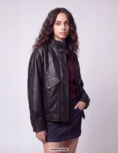 Veste oversize similicuir col biker noir