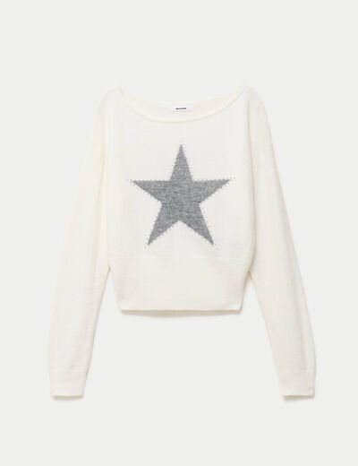 Pull col bateau manches longues strass ecru