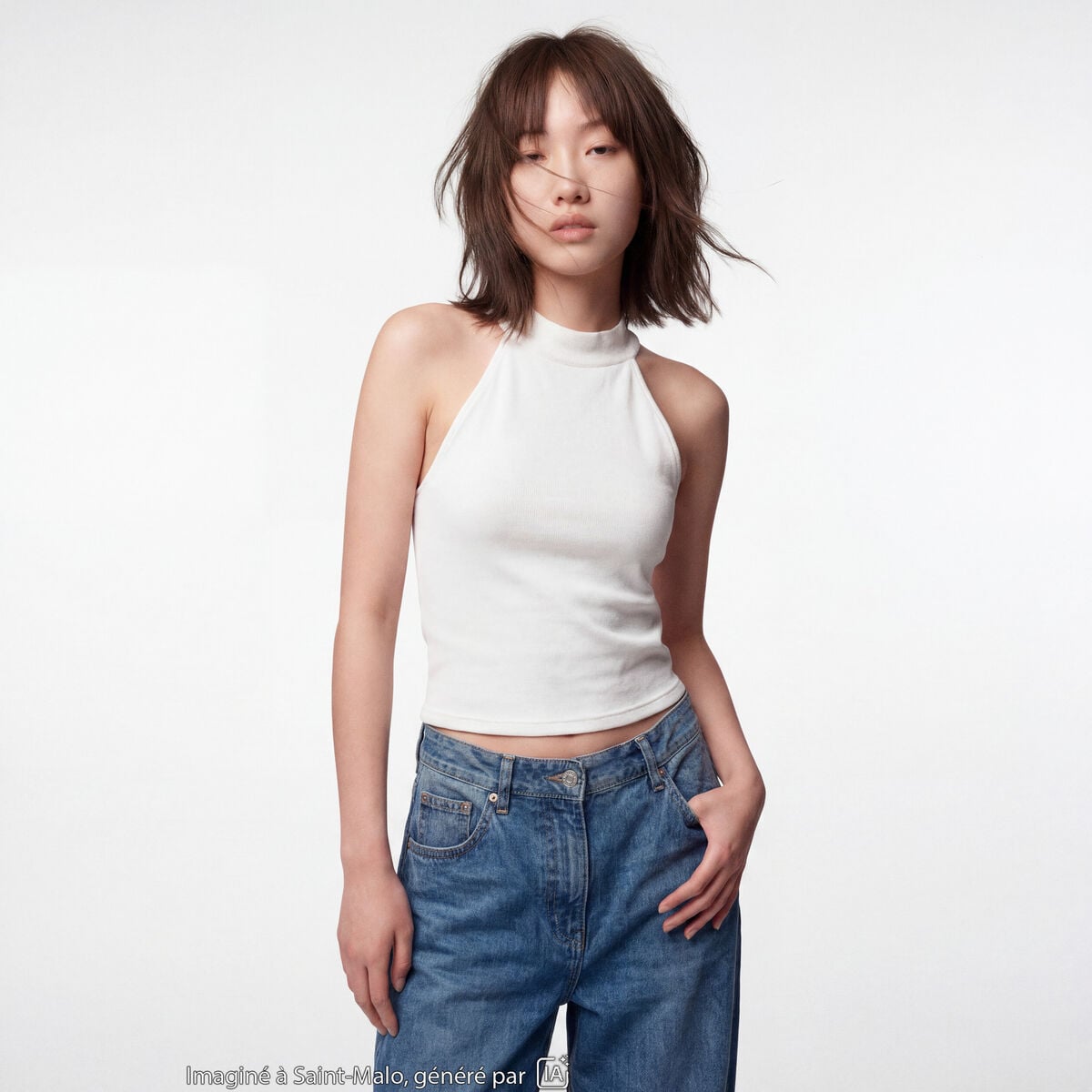 Crop top ajust&eacute; sans manches brillant ecru