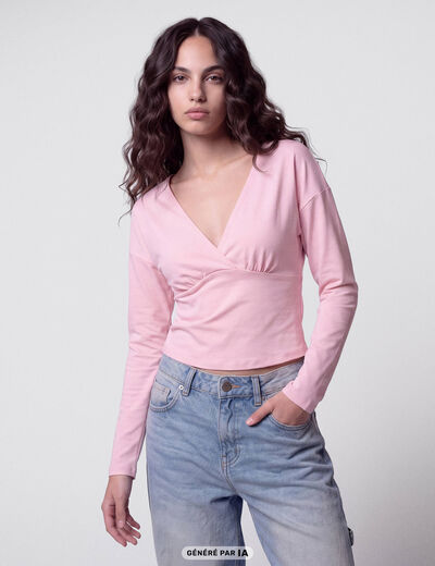 Top ajust&eacute; court manches longues rose