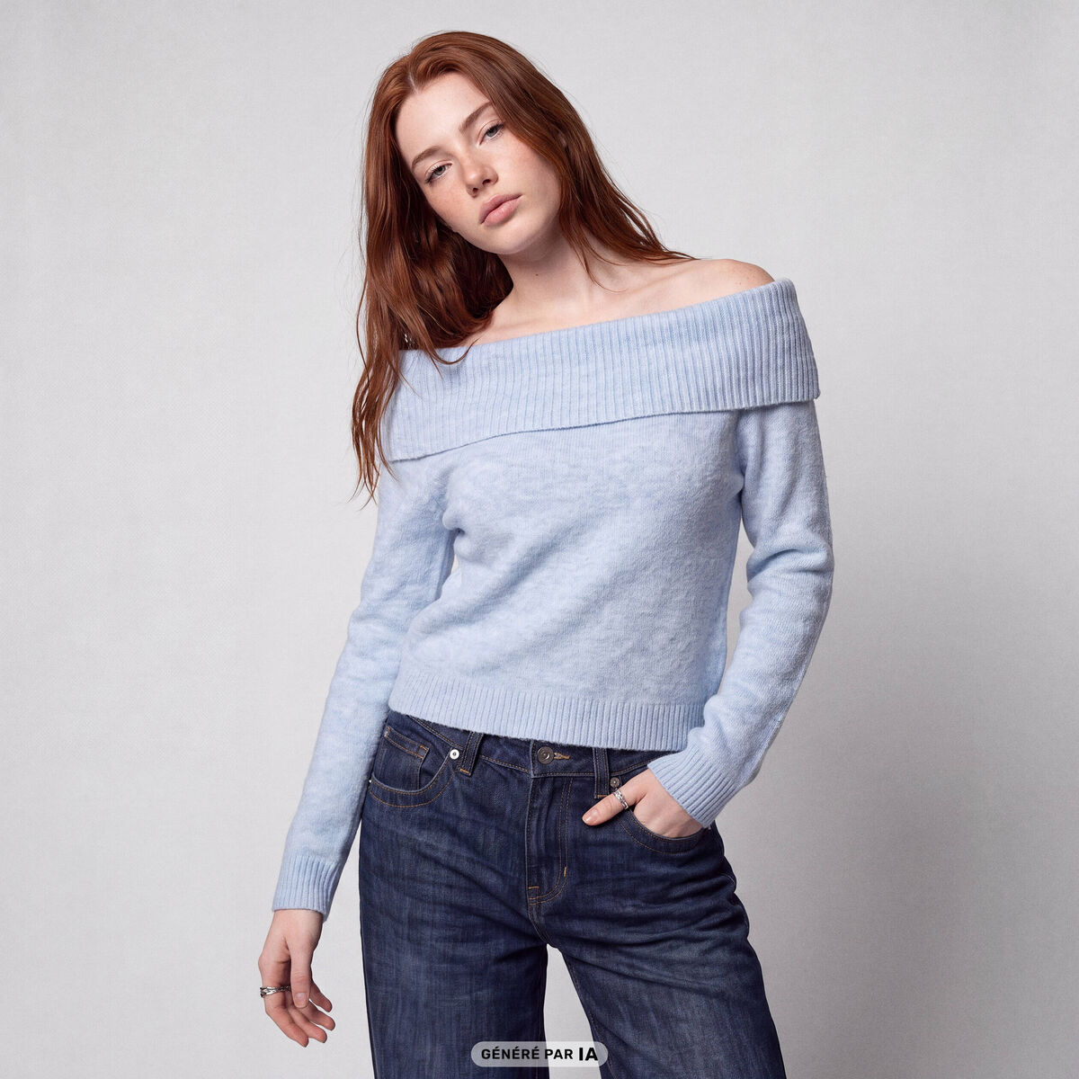 Pull col bardot manches longues bleu ciel