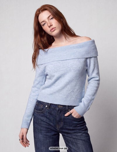 Pull col bardot manches longues bleu ciel