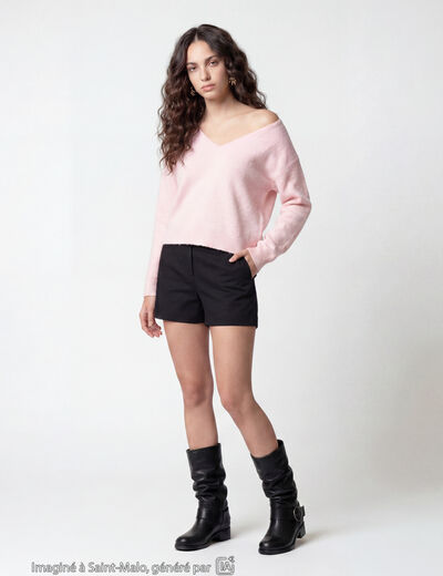 Pull col v manches longues rose clair