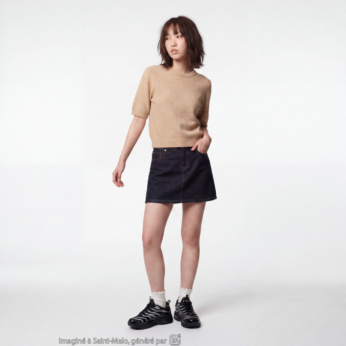 Pull col rond manches courtes beige