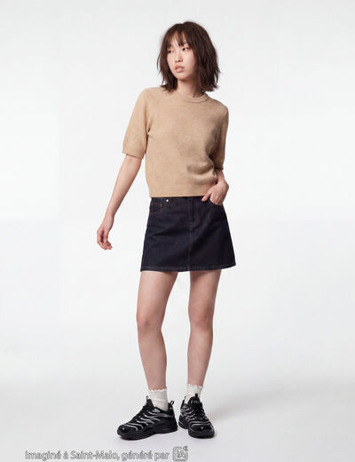 Pull col rond manches courtes beige