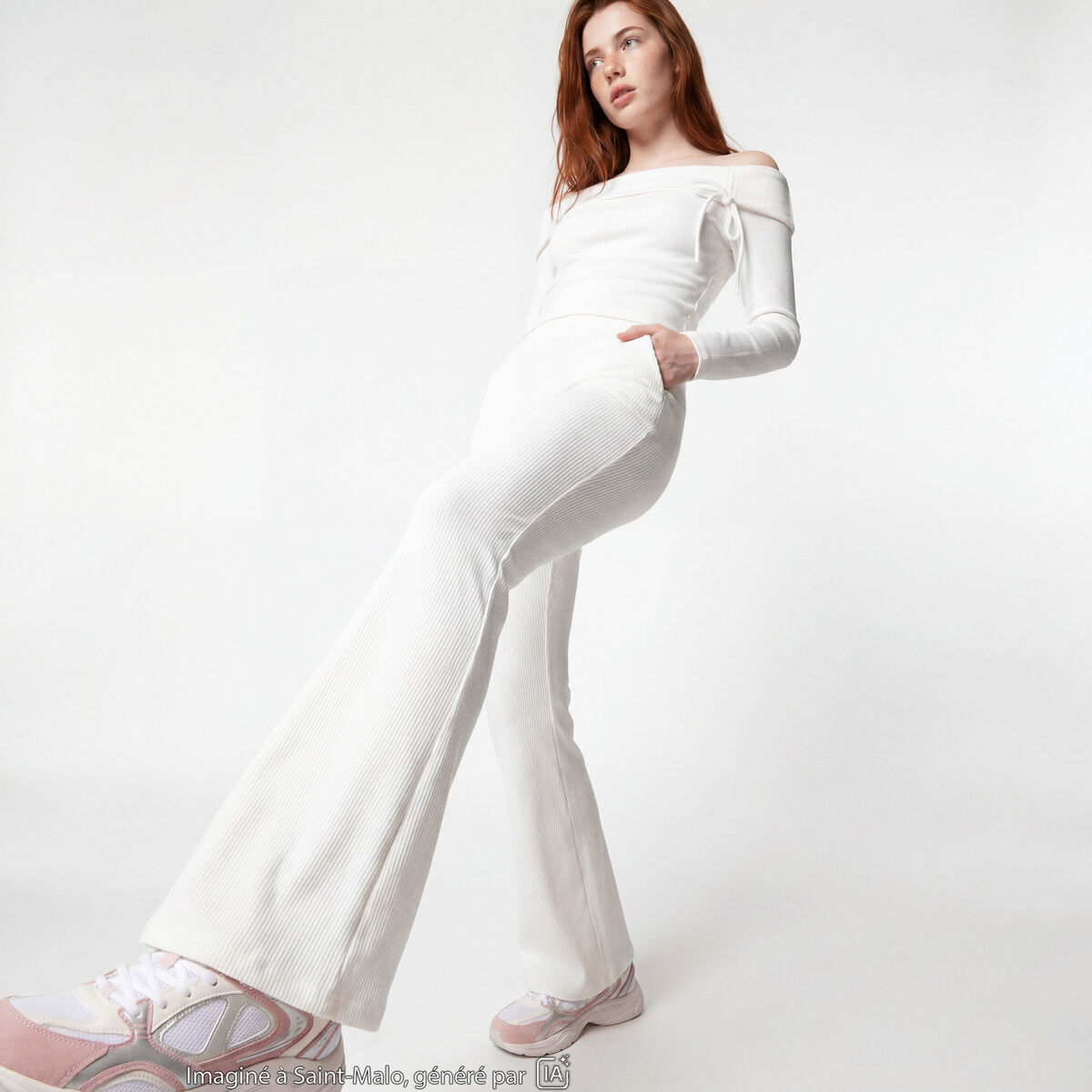 Pantalon flare stretch taille standard ecru