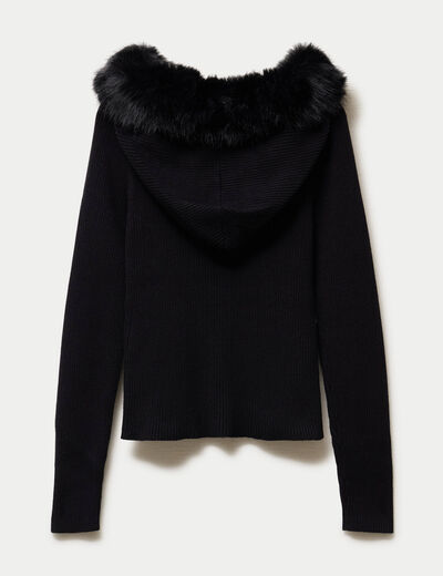 Gilet cintr&eacute; fausse fourrure &agrave; capuche noir
