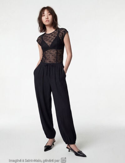 Pantalon large en cr&ecirc;pe taille standard noir