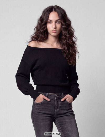 Pull oversize col bardot manches longues noir
