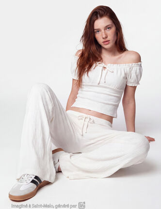Pantalon large taille standard ecru