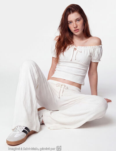 Pantalon large taille standard ecru