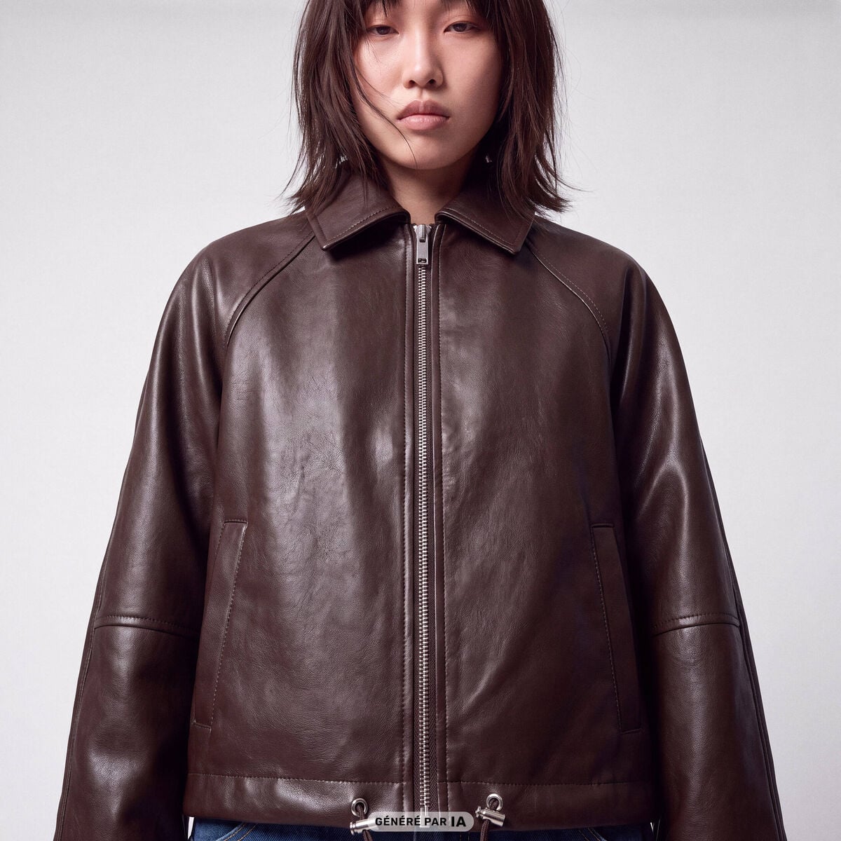 Blouson oversize court similicuir marron fonc&eacute;