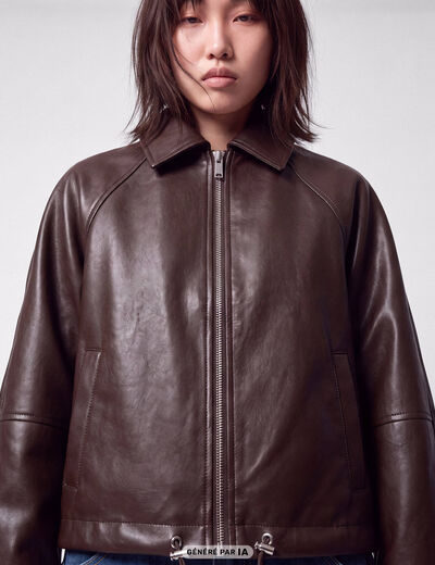 Blouson oversize court similicuir marron fonc&eacute;