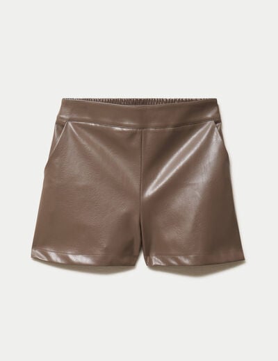 Short taille haute en similicuir taupe