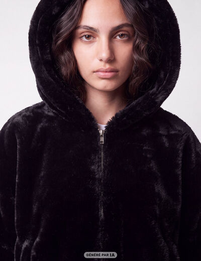 Blouson capuche fausse fourrure noir