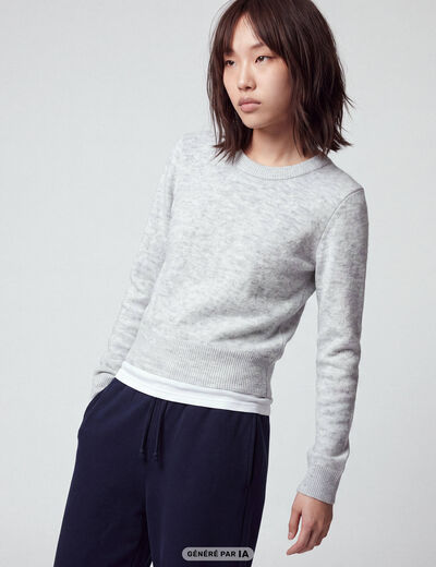 Pull col rond manches longues gris clair