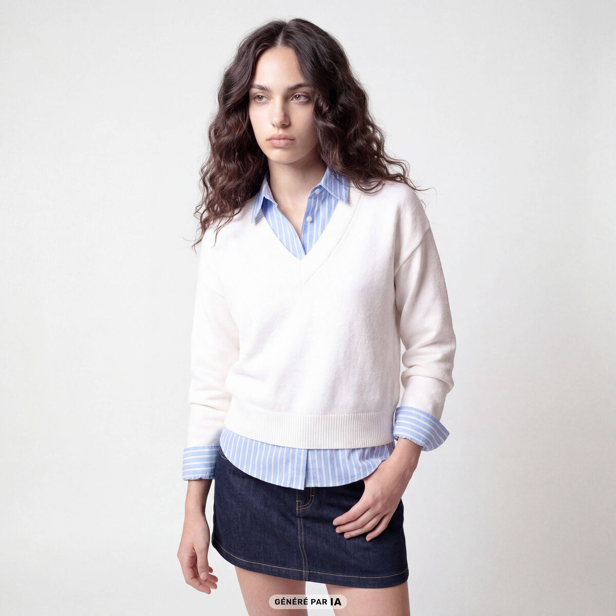 Pull ajust&eacute; d&eacute;collet&eacute; manches longues ecru