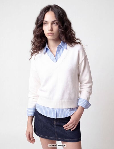 Pull ajust&eacute; d&eacute;collet&eacute; manches longues ecru