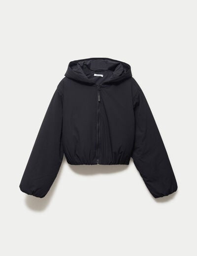 Blouson cropped &agrave; capuche bas resserr&eacute; noir