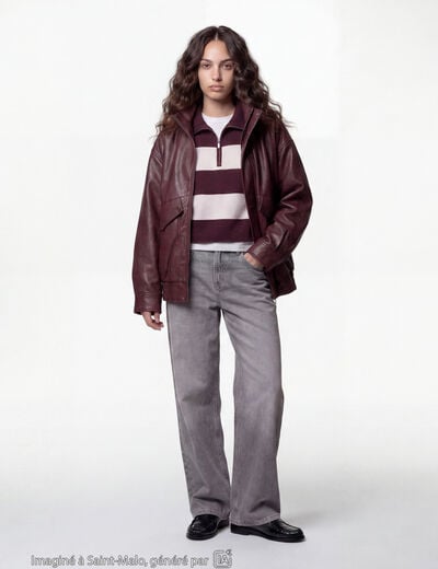 Veste oversize similicuir col biker bordeaux