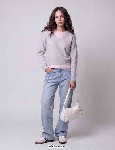 Pull col v manches longues gris clair