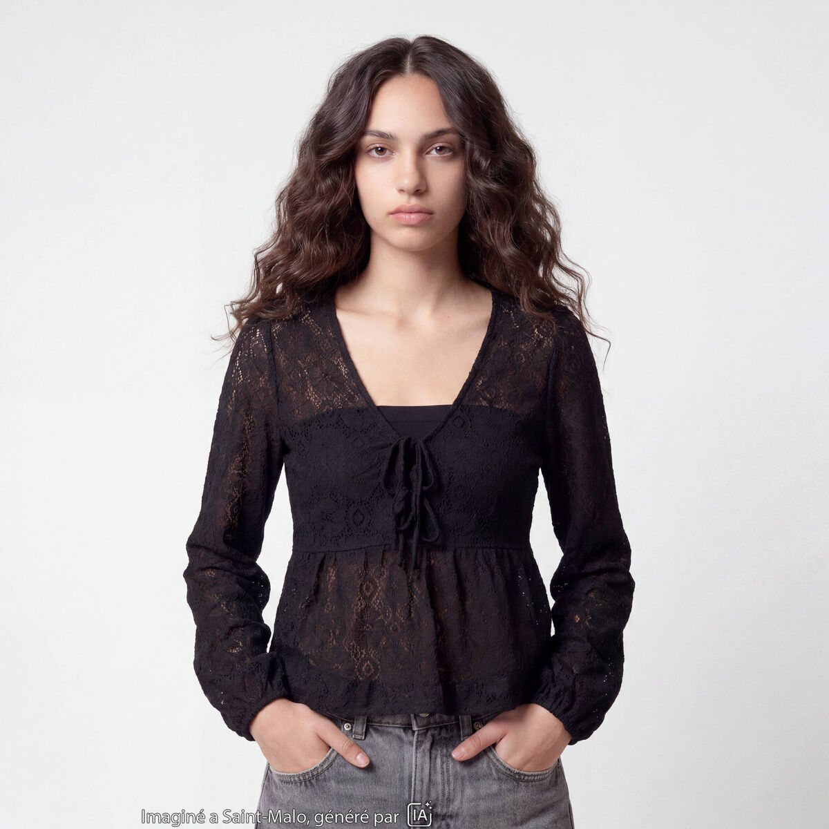 Chemise cintr&eacute;e dentelle col rond noir ado