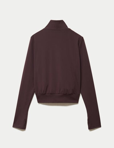 Gilet droit cropped col montant marron fonc&eacute;