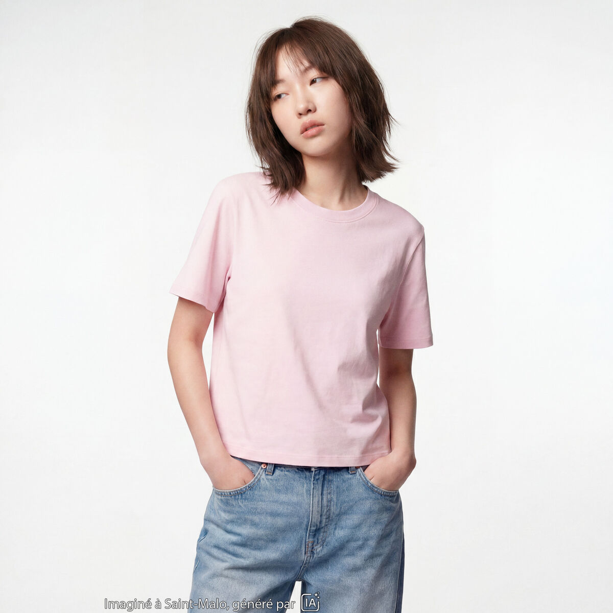 T-shirt col rond manches courtes rose clair