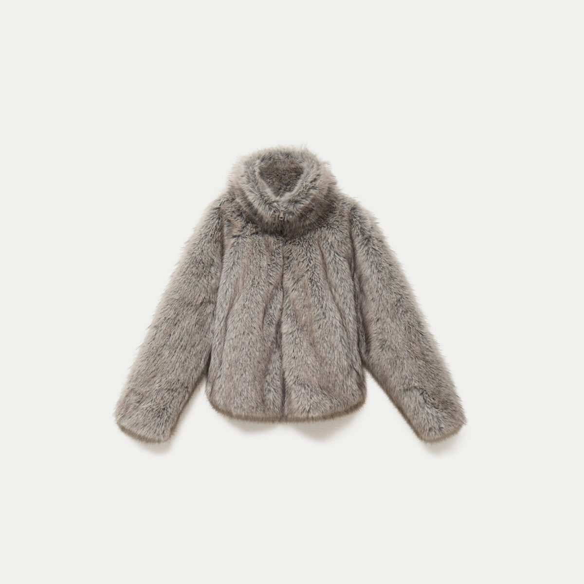 Manteau droit court fausse fourrure bleu gris