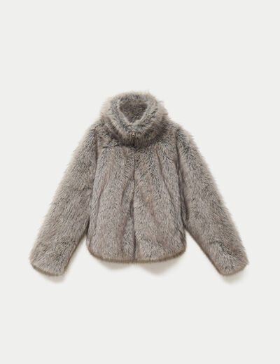 Manteau droit court fausse fourrure bleu gris
