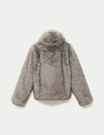 Manteau droit court fausse fourrure bleu gris