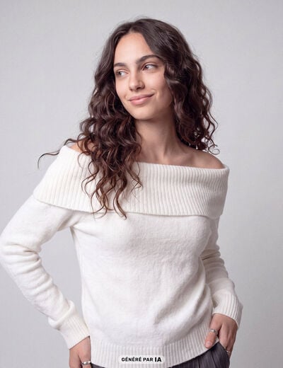 Pull col bardot manches longues ecru
