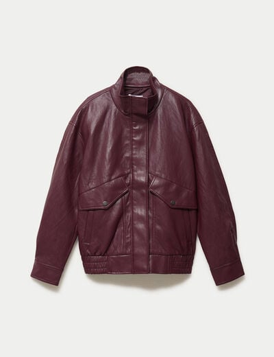 Veste oversize similicuir col biker bordeaux